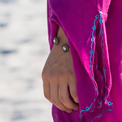 Swarovski Crystal Open Cuff in burnished brass finish with Swarovski crystal | Modern boho jewelry | Criscara