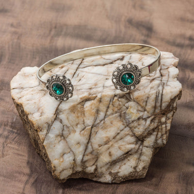 Swarovski Crystal Open Cuff in silver finish with Emerald crystal | Modern boho jewelry | Criscara