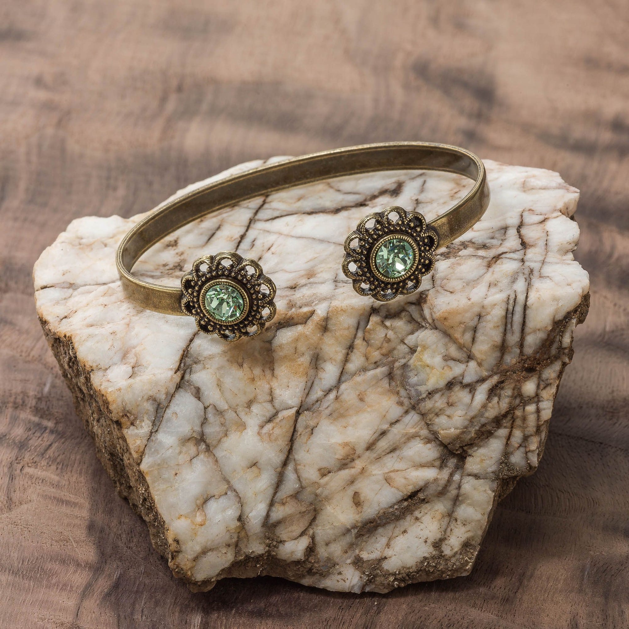 Swarovski Crystal Open Cuff in burnished brass finish with Chrysolite Swarovski crystal | Modern boho jewelry | Criscara