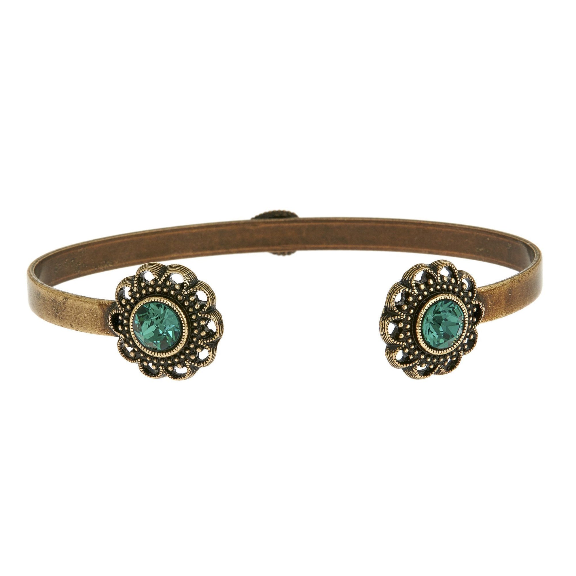 Swarovski Crystal Open Cuff in burnished brass finish with Emerald crystal | Modern boho jewelry | Criscara