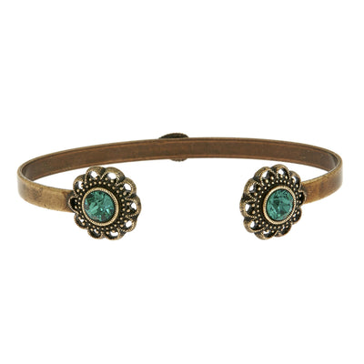 Swarovski Crystal Open Cuff in burnished brass finish with Emerald crystal | Modern boho jewelry | Criscara