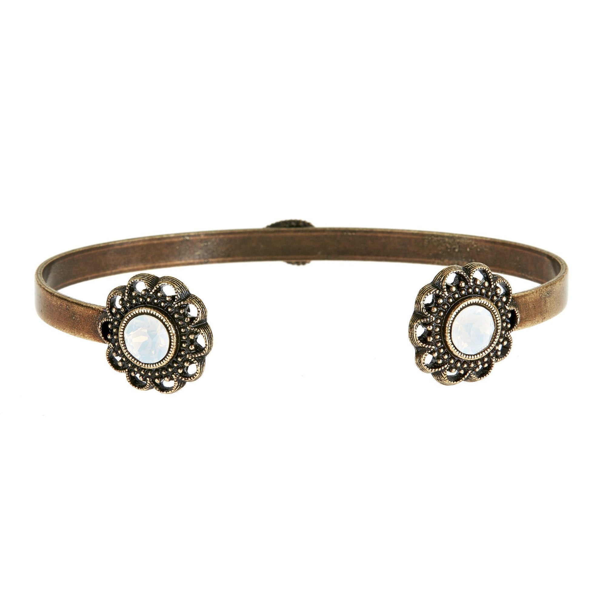 Swarovski Crystal Open Cuff in burnished brass finish with Opalite Swarovski crystal | Modern boho jewelry | Criscara
