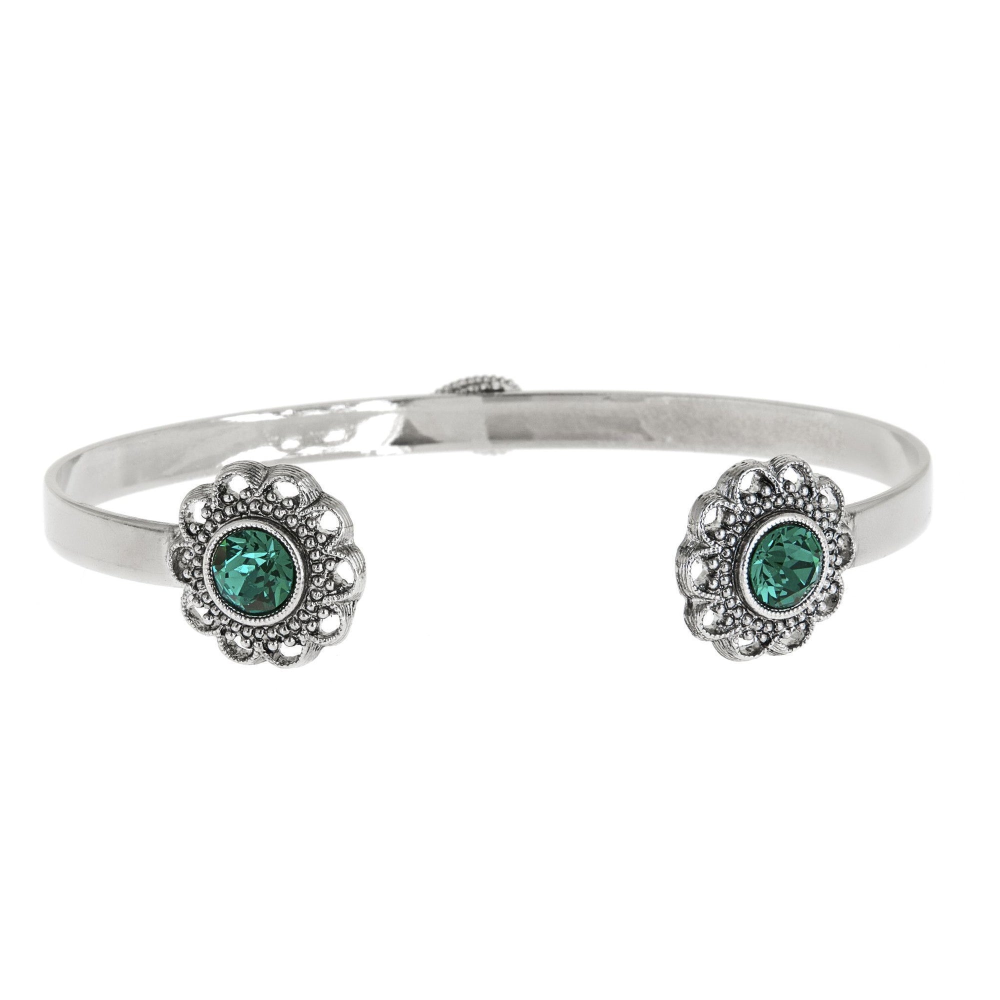 Swarovski Crystal Open Cuff in silver finish with Emerald crystal | Modern boho jewelry | Criscara