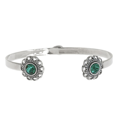 Swarovski Crystal Open Cuff in silver finish with Emerald crystal | Modern boho jewelry | Criscara