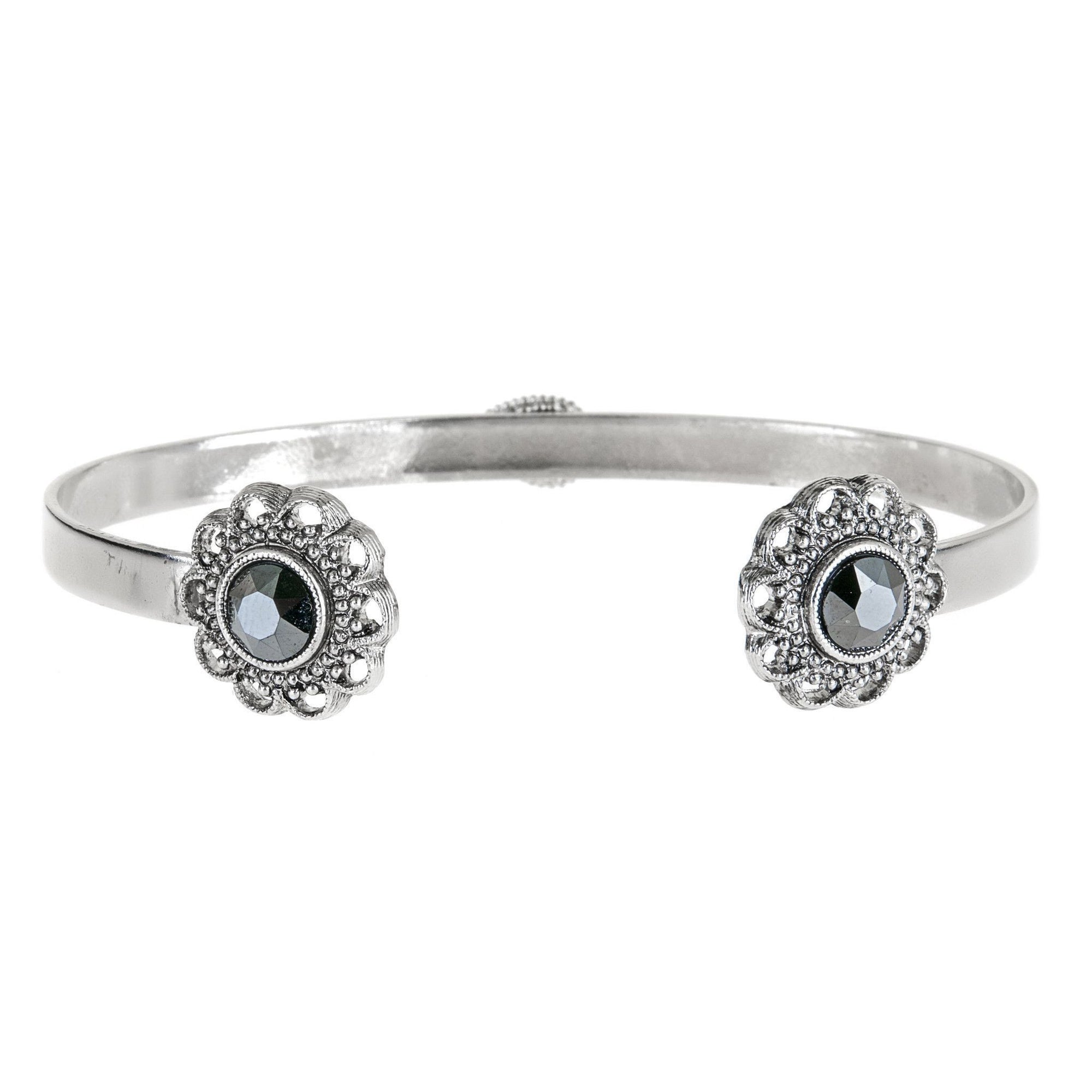 Swarovski Crystal Open Cuff in silver finish with Hematite Swarovski crystal | Modern boho jewelry | Criscara