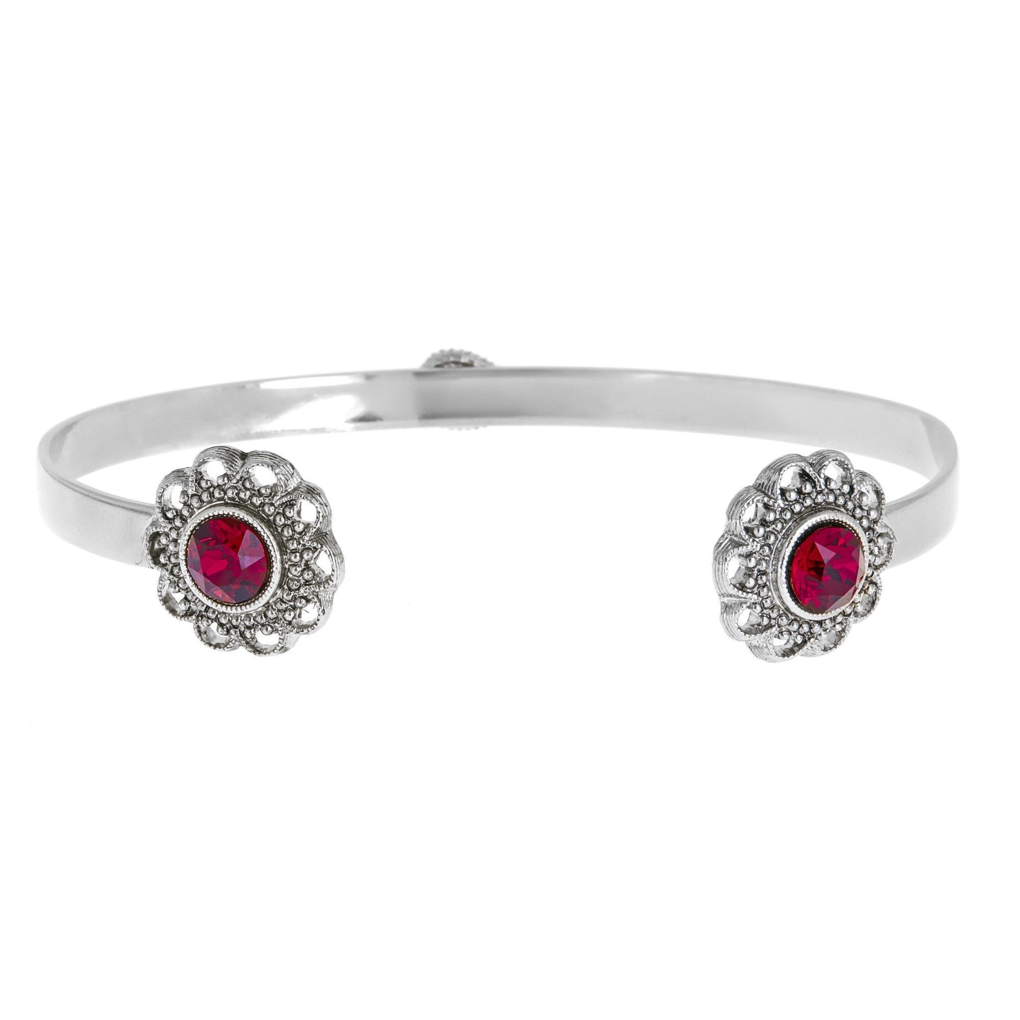 Swarovski Crystal Open Cuff in silver finish with Ruby Swarovski crystal | Modern boho jewelry | Criscara