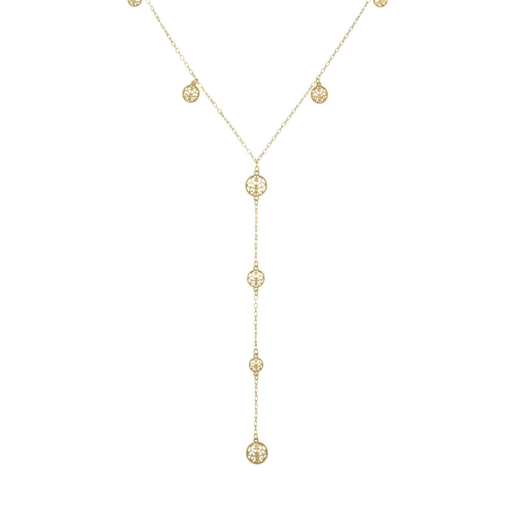 Long Coin Y Necklace Lariat in 14k gold finish | Modern boho jewelry | Criscara