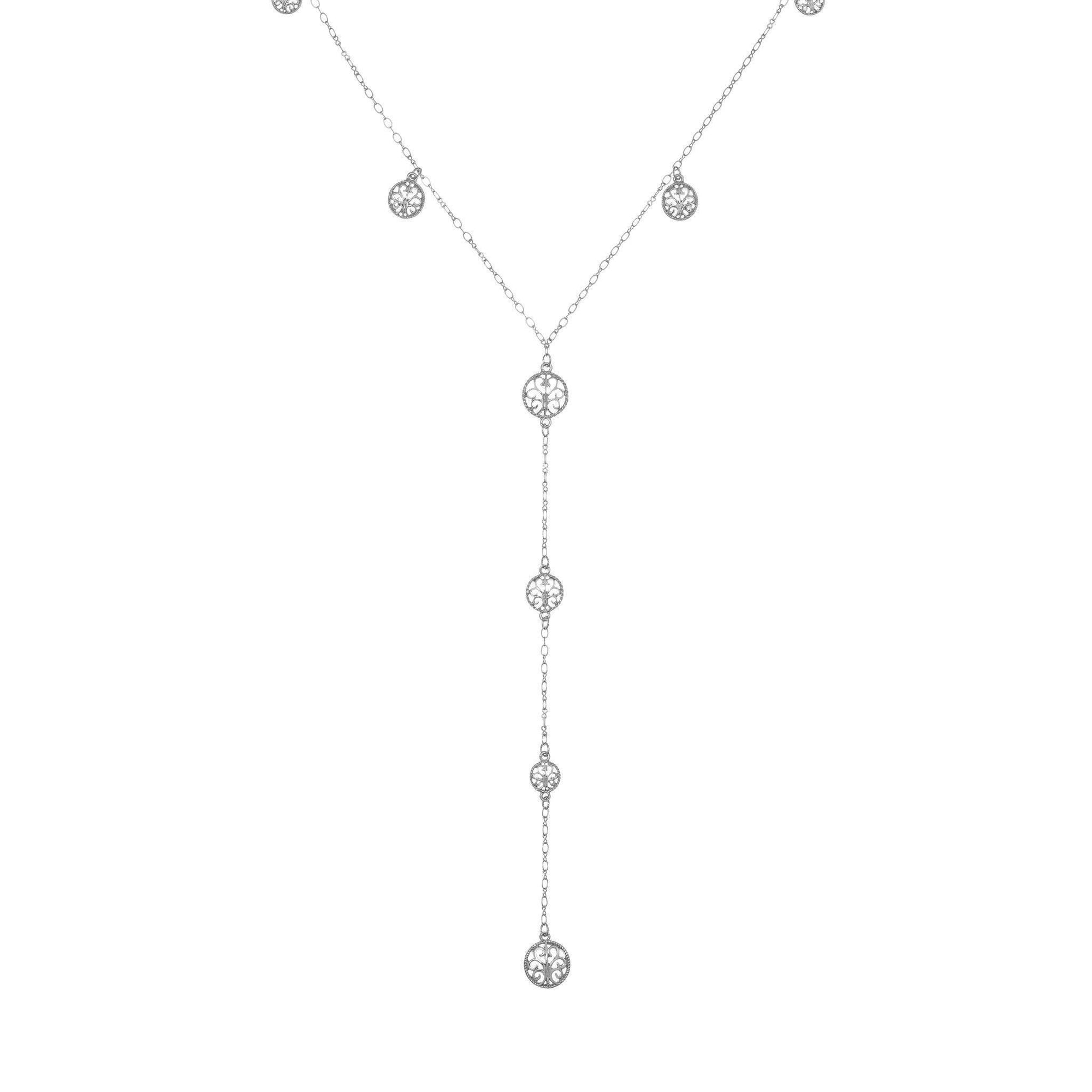 Long Coin Y Necklace Lariat in silver finish | Modern boho jewelry | Criscara