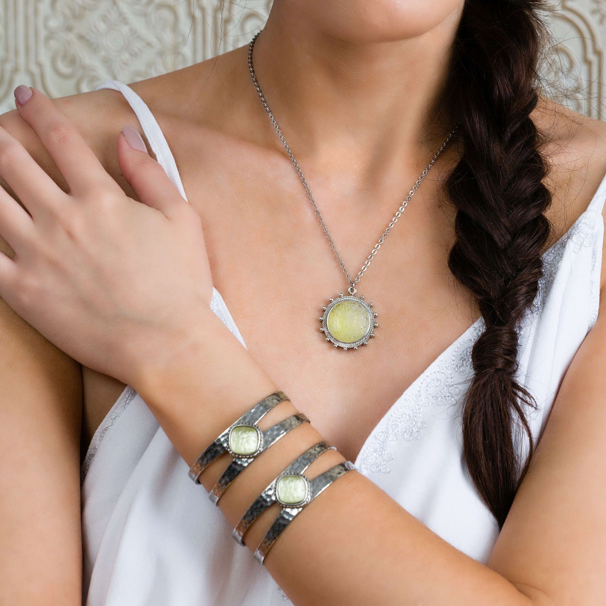 Vintage Split Cuff Bracelet in silver finish with Vintage carved yellow lucite | Modern boho jewelry | Criscara